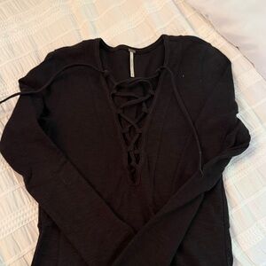 Free People Black Lace-Up Long Sleeve Top